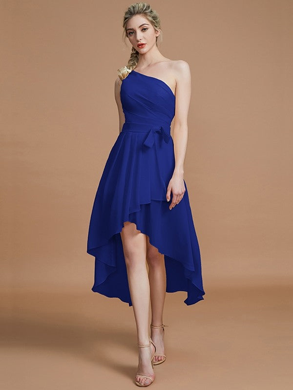 A-Line Charming One Shoulder Sleeveless Layers Asymmetrical Chiffon Bridesmaid Dresses