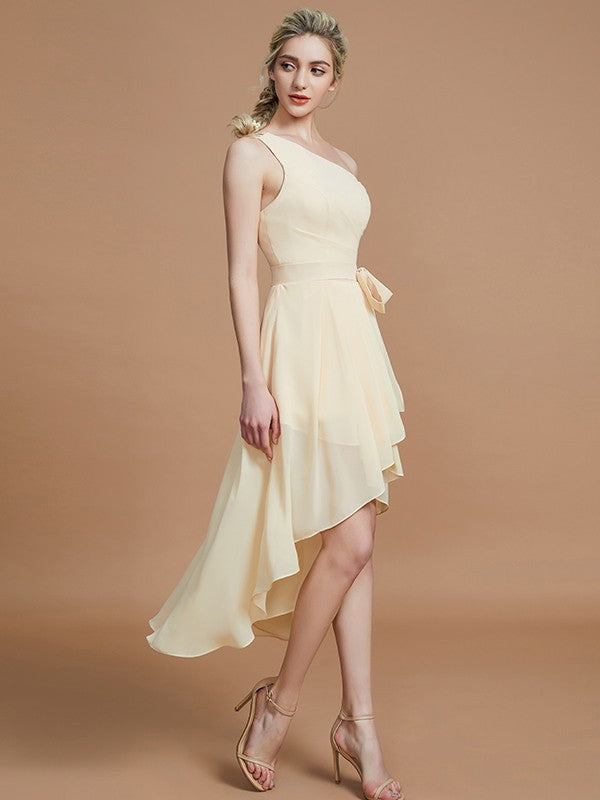 A-Line Charming One Shoulder Sleeveless Layers Asymmetrical Chiffon Bridesmaid Dresses