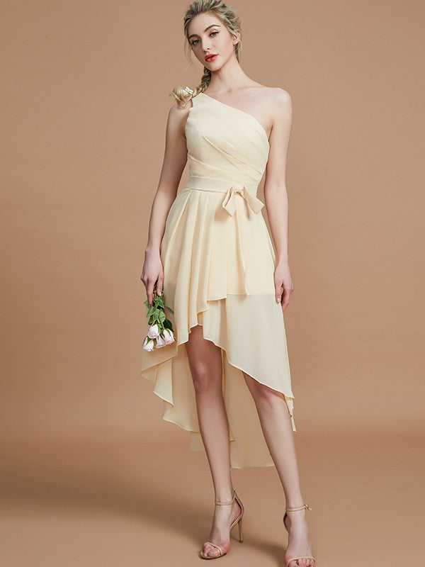 A-Line Charming One Shoulder Sleeveless Layers Asymmetrical Chiffon Bridesmaid Dresses