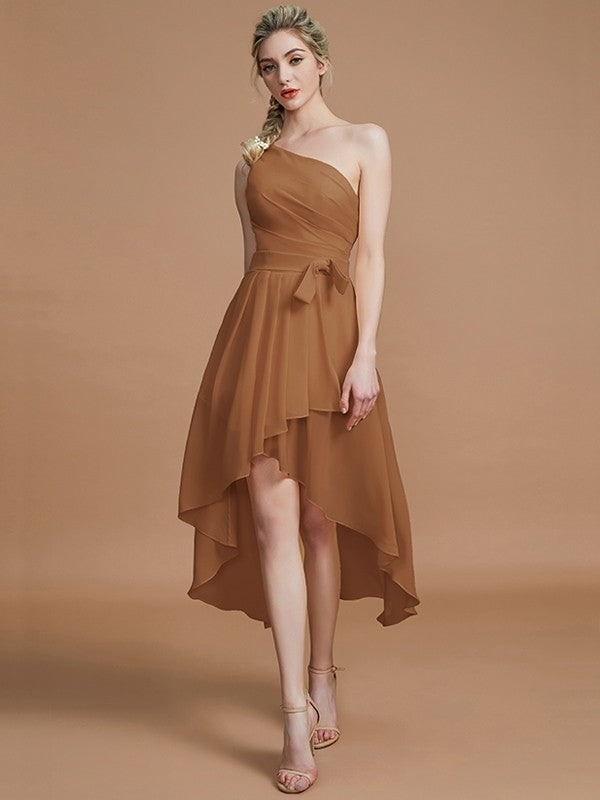 A-Line Charming One Shoulder Sleeveless Layers Asymmetrical Chiffon Bridesmaid Dresses