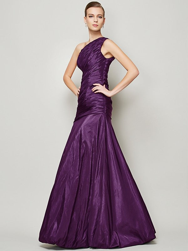 A-Line Charming One Shoulder Sleeveless Pleats Long Taffeta Bridesmaid Dresses