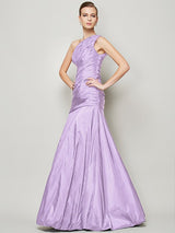 A-Line Charming One Shoulder Sleeveless Pleats Long Taffeta Bridesmaid Dresses