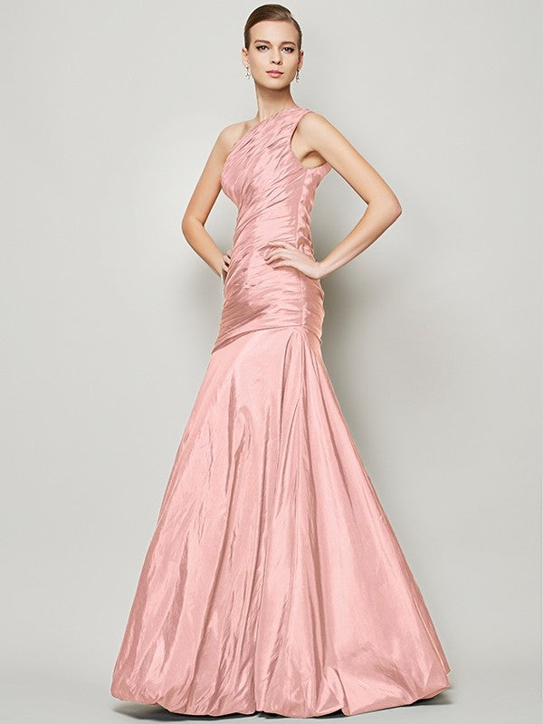 A-Line Charming One Shoulder Sleeveless Pleats Long Taffeta Bridesmaid Dresses