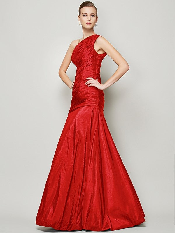 A-Line Charming One Shoulder Sleeveless Pleats Long Taffeta Bridesmaid Dresses