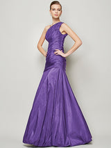 A-Line Charming One Shoulder Sleeveless Pleats Long Taffeta Bridesmaid Dresses