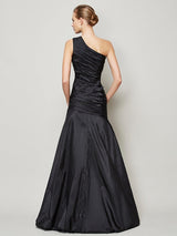 A-Line Charming One Shoulder Sleeveless Pleats Long Taffeta Bridesmaid Dresses