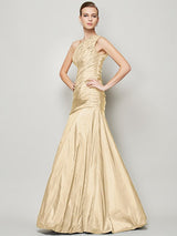 A-Line Charming One Shoulder Sleeveless Pleats Long Taffeta Bridesmaid Dresses