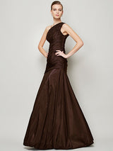 A-Line Charming One Shoulder Sleeveless Pleats Long Taffeta Bridesmaid Dresses