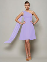 A-Line Charming One Shoulder Sleeveless Pleats Short Chiffon Bridesmaid Dresses