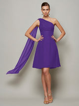 A-Line Charming One Shoulder Sleeveless Pleats Short Chiffon Bridesmaid Dresses