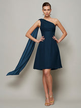 A-Line Charming One Shoulder Sleeveless Pleats Short Chiffon Bridesmaid Dresses