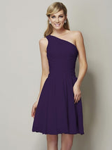 A-Line Charming One Shoulder Sleeveless Ruched Short Chiffon Bridesmaid Dresses