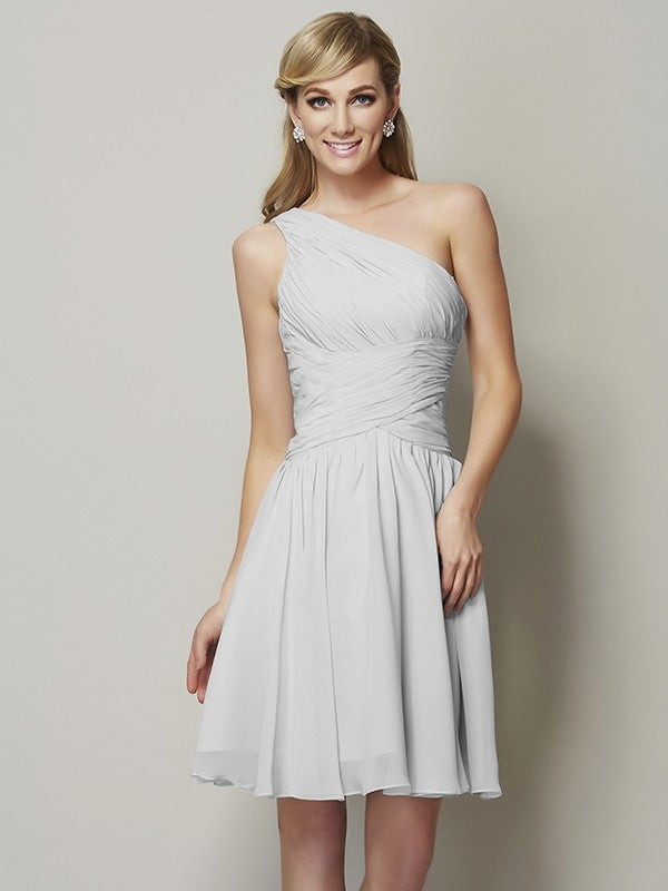 A-Line Charming One Shoulder Sleeveless Ruched Short Chiffon Bridesmaid Dresses