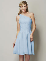 A-Line Charming One Shoulder Sleeveless Ruched Short Chiffon Bridesmaid Dresses