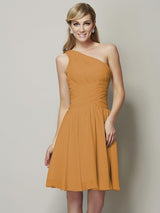 A-Line Charming One Shoulder Sleeveless Ruched Short Chiffon Bridesmaid Dresses