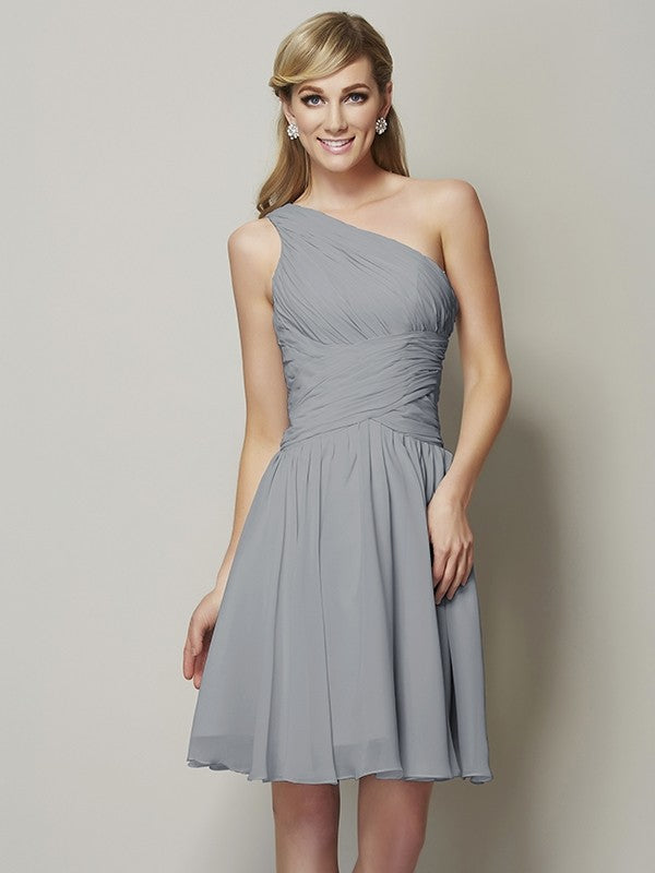 A-Line Charming One Shoulder Sleeveless Ruched Short Chiffon Bridesmaid Dresses