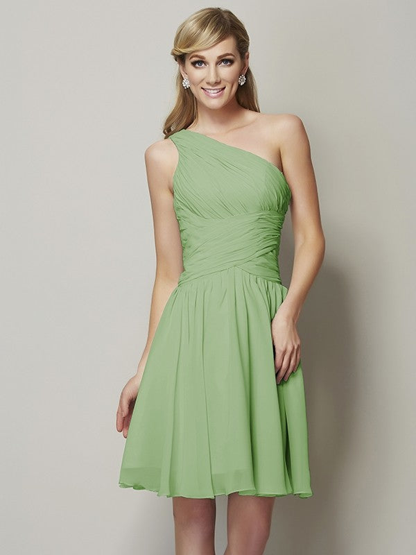 A-Line Charming One Shoulder Sleeveless Ruched Short Chiffon Bridesmaid Dresses