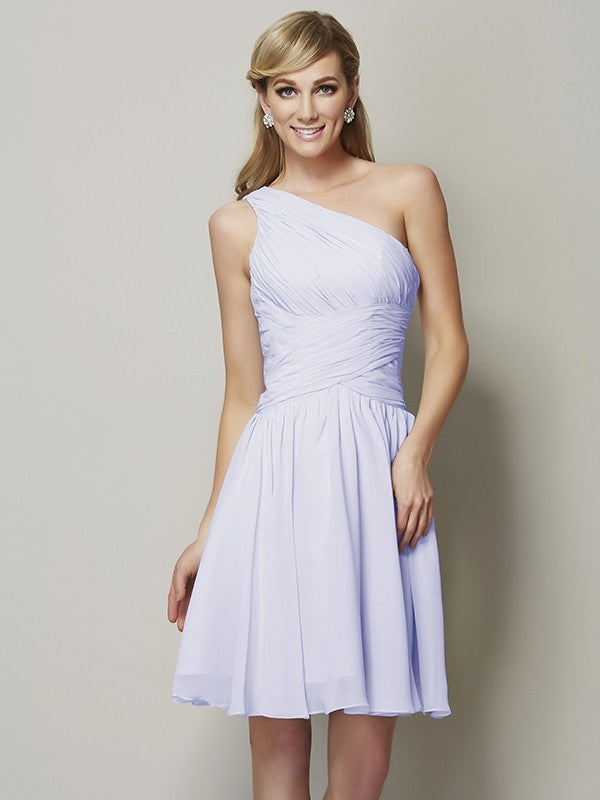 A-Line Charming One Shoulder Sleeveless Ruched Short Chiffon Bridesmaid Dresses