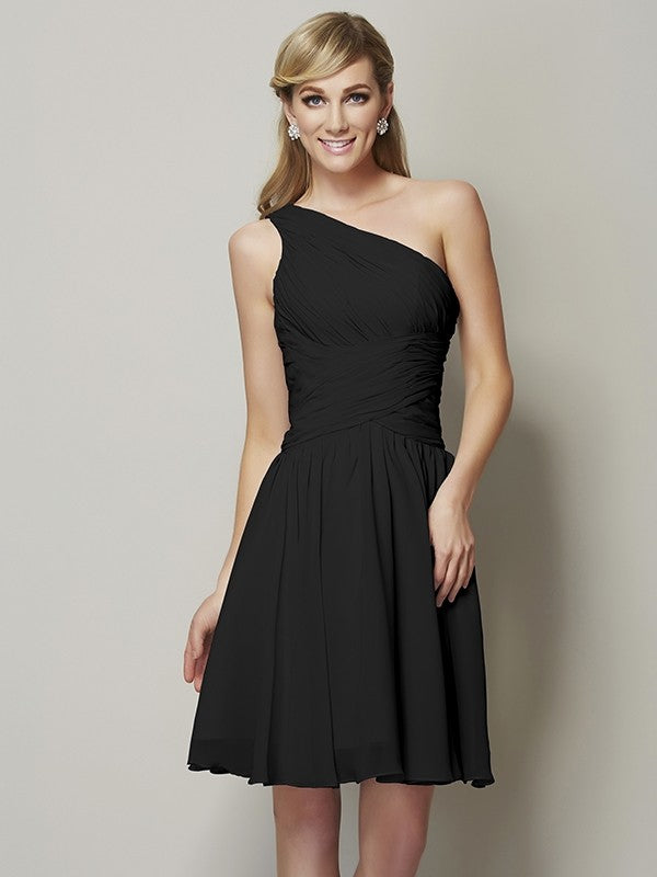 A-Line Charming One Shoulder Sleeveless Ruched Short Chiffon Bridesmaid Dresses