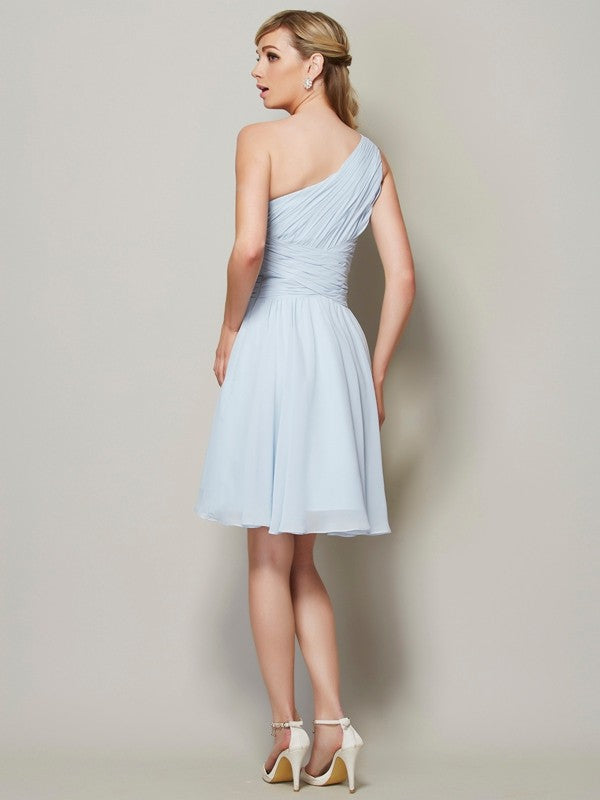 A-Line Charming One Shoulder Sleeveless Ruched Short Chiffon Bridesmaid Dresses