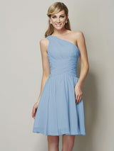 A-Line Charming One Shoulder Sleeveless Ruched Short Chiffon Bridesmaid Dresses