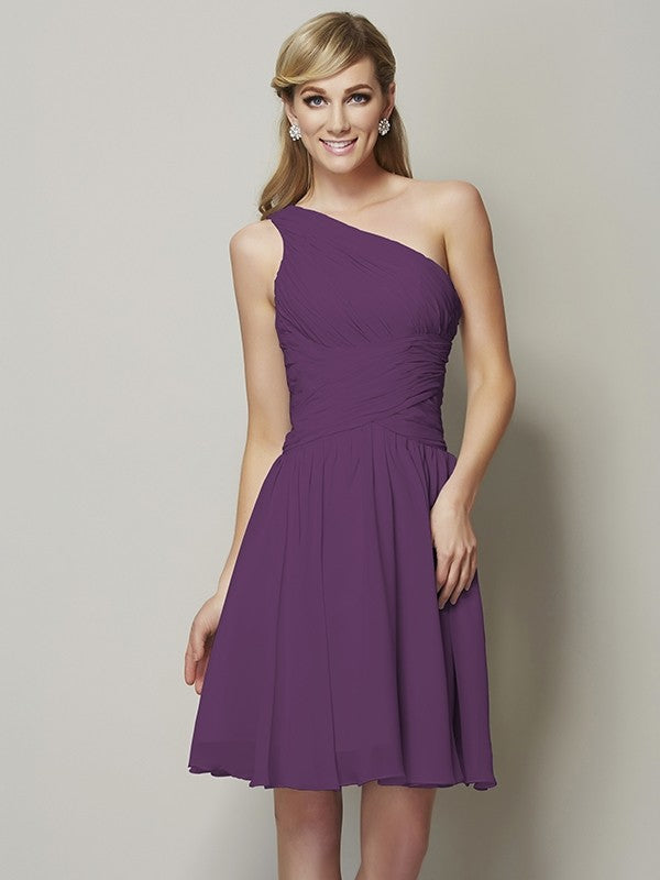 A-Line Charming One Shoulder Sleeveless Ruched Short Chiffon Bridesmaid Dresses