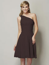 A-Line Charming One Shoulder Sleeveless Ruched Short Chiffon Bridesmaid Dresses