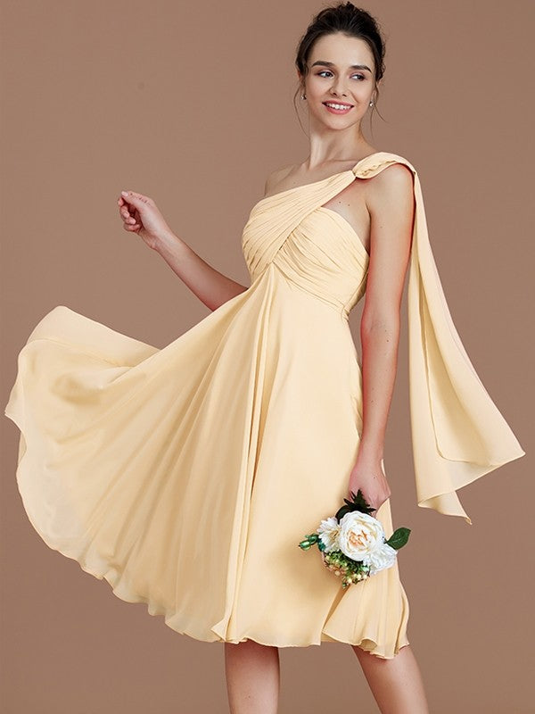 A-Line Charming One Shoulder Sleeveless Ruched Short/Mini Chiffon Bridesmaid Dresses