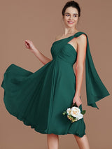 A-Line Charming One Shoulder Sleeveless Ruched Short/Mini Chiffon Bridesmaid Dresses