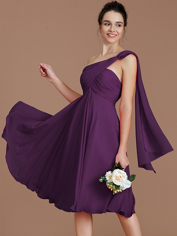 A-Line Charming One Shoulder Sleeveless Ruched Short/Mini Chiffon Bridesmaid Dresses