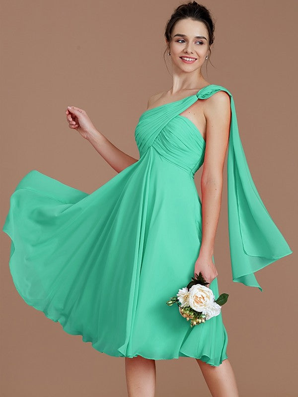 A-Line Charming One Shoulder Sleeveless Ruched Short/Mini Chiffon Bridesmaid Dresses