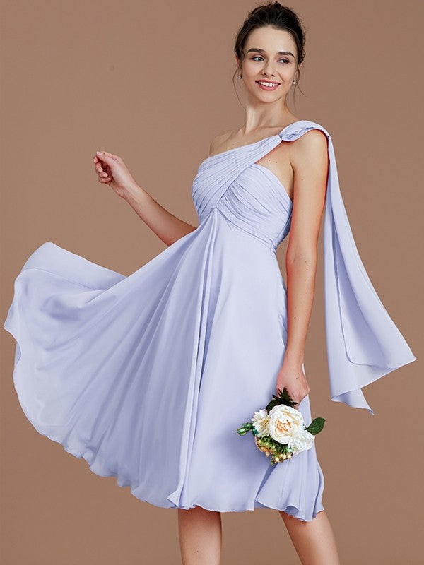 A-Line Charming One Shoulder Sleeveless Ruched Short/Mini Chiffon Bridesmaid Dresses