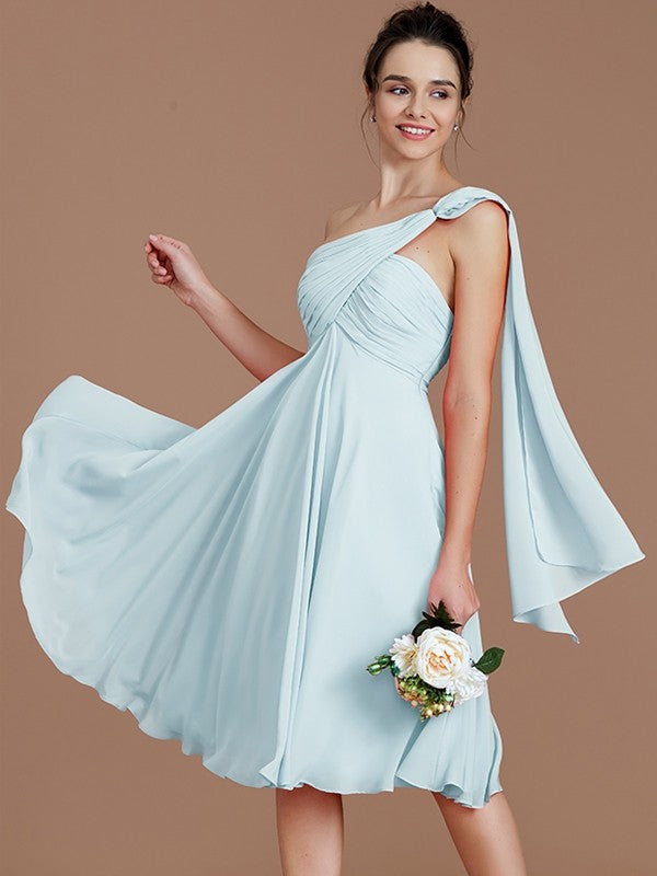 A-Line Charming One Shoulder Sleeveless Ruched Short/Mini Chiffon Bridesmaid Dresses