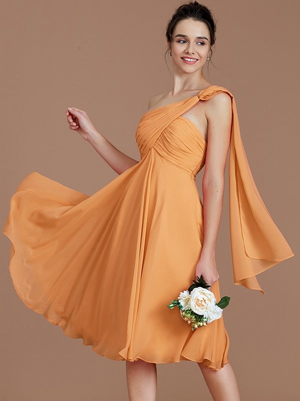 A-Line Charming One Shoulder Sleeveless Ruched Short/Mini Chiffon Bridesmaid Dresses