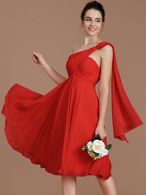 A-Line Charming One Shoulder Sleeveless Ruched Short/Mini Chiffon Bridesmaid Dresses