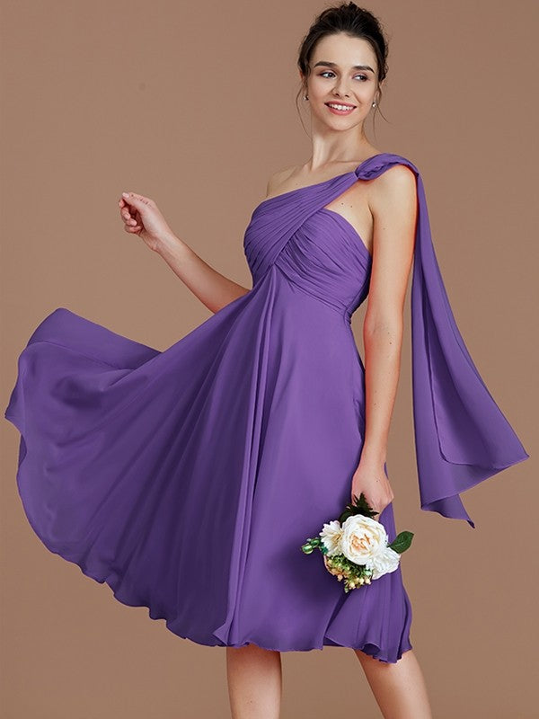 A-Line Charming One Shoulder Sleeveless Ruched Short/Mini Chiffon Bridesmaid Dresses