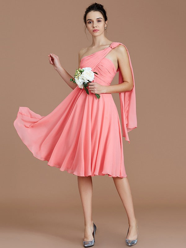 A-Line Charming One Shoulder Sleeveless Ruched Short/Mini Chiffon Bridesmaid Dresses