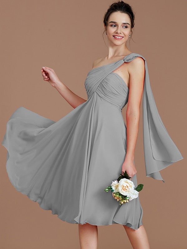 A-Line Charming One Shoulder Sleeveless Ruched Short/Mini Chiffon Bridesmaid Dresses