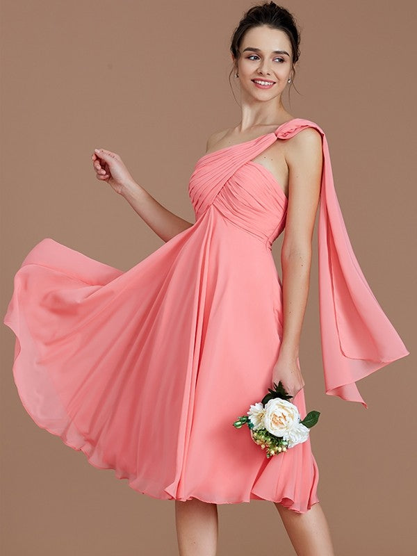 A-Line Charming One Shoulder Sleeveless Ruched Short/Mini Chiffon Bridesmaid Dresses