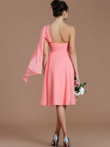 A-Line Charming One Shoulder Sleeveless Ruched Short/Mini Chiffon Bridesmaid Dresses