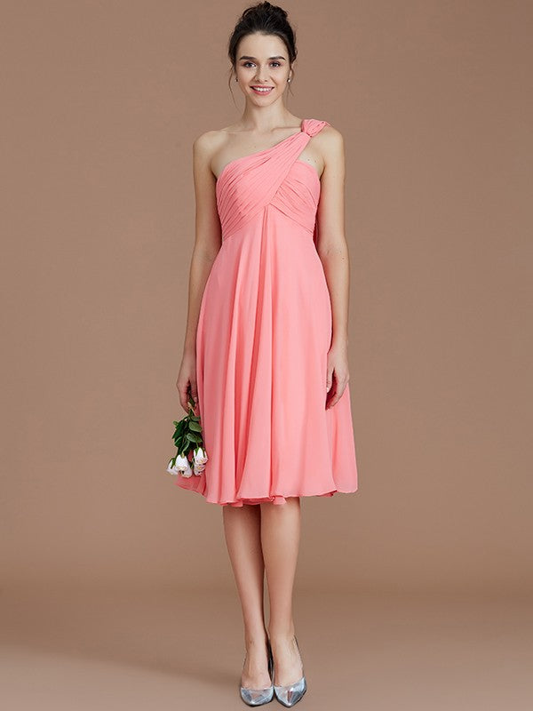 A-Line Charming One Shoulder Sleeveless Ruched Short/Mini Chiffon Bridesmaid Dresses