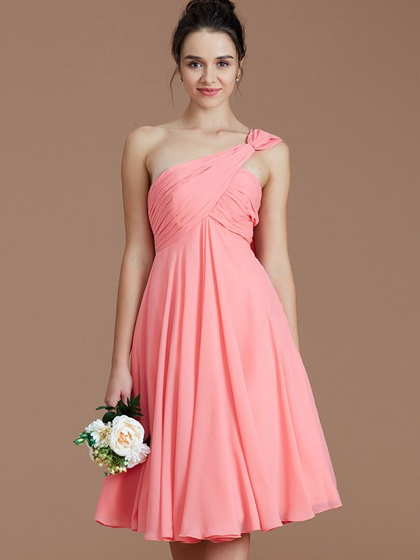 A-Line Charming One Shoulder Sleeveless Ruched Short/Mini Chiffon Bridesmaid Dresses