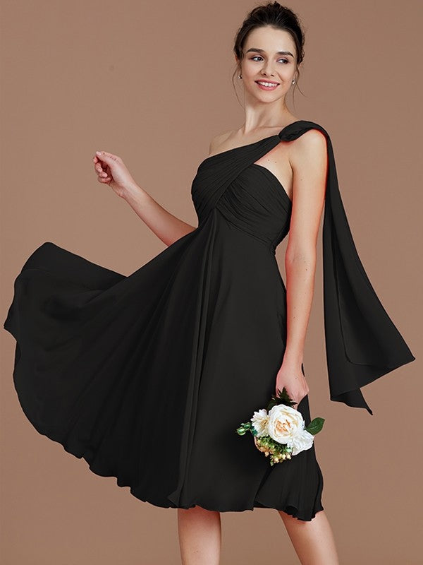 A-Line Charming One Shoulder Sleeveless Ruched Short/Mini Chiffon Bridesmaid Dresses