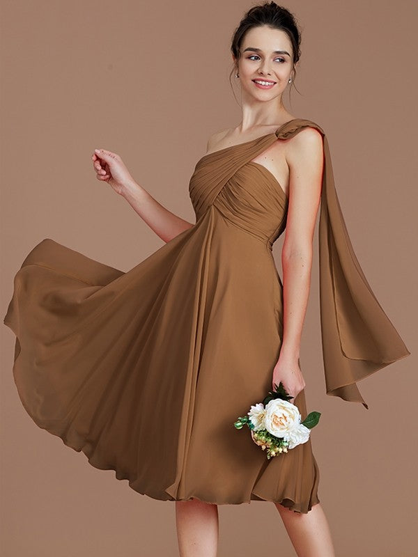 A-Line Charming One Shoulder Sleeveless Ruched Short/Mini Chiffon Bridesmaid Dresses