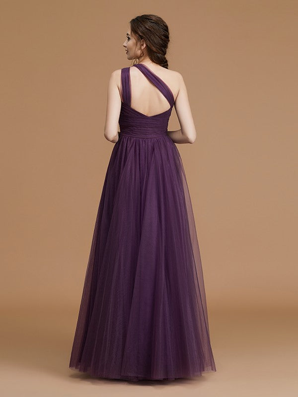 A-Line Charming One Shoulder Sleeveless Ruched Tulle Bridesmaid Dresses