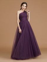 A-Line Charming One Shoulder Sleeveless Ruched Tulle Bridesmaid Dresses