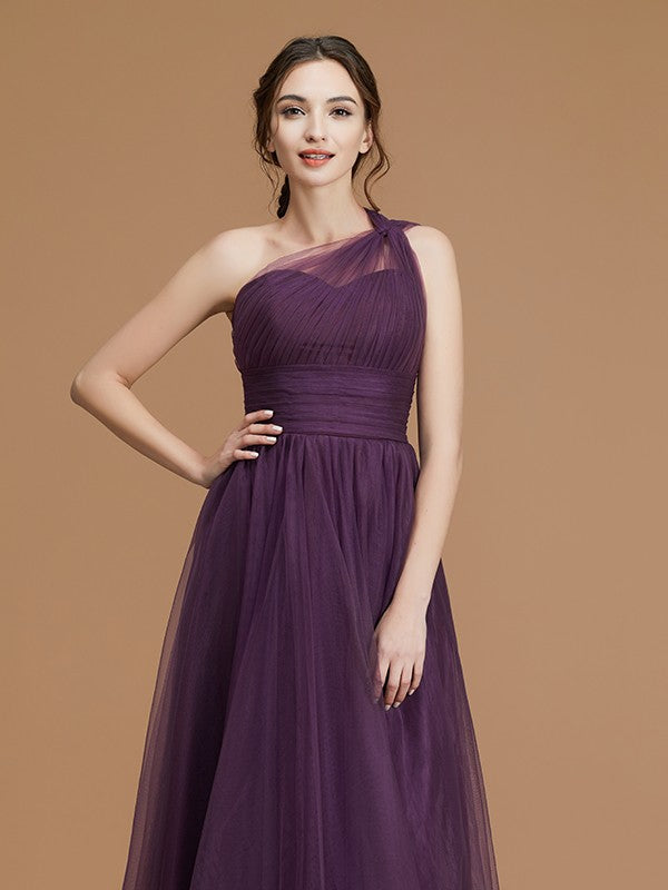 A-Line Charming One Shoulder Sleeveless Ruched Tulle Bridesmaid Dresses