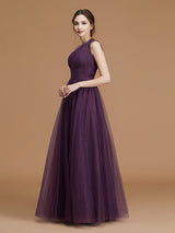 A-Line Charming One Shoulder Sleeveless Ruched Tulle Bridesmaid Dresses