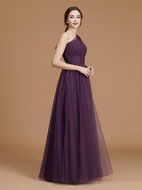 A-Line Charming One Shoulder Sleeveless Ruched Tulle Bridesmaid Dresses