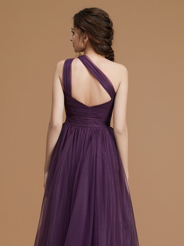 A-Line Charming One Shoulder Sleeveless Ruched Tulle Bridesmaid Dresses